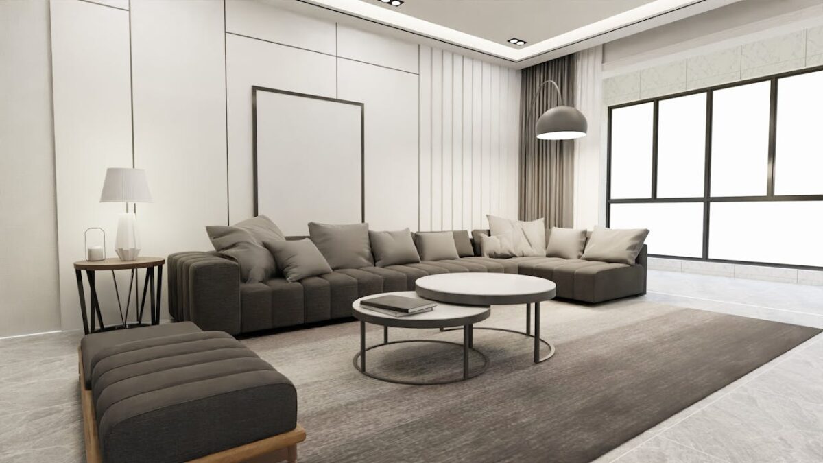 A stylish and cozy living room with modern furniture and neutral tones.